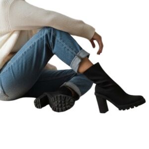 Zara Lug Sole Fabric Sock Boots Black Chunky Heel Round Toe Size 42EU